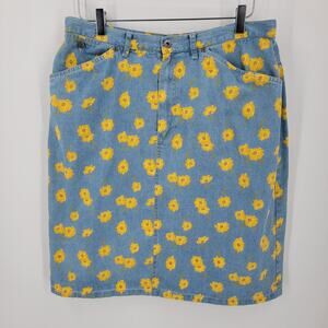 Liz Claiborne Lizwear Jeans Skirt Womens 16 Denim Floral Yellow Blue Pockets 90s